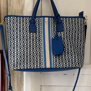 Tory Burch Navy and Cream Patterned Tote